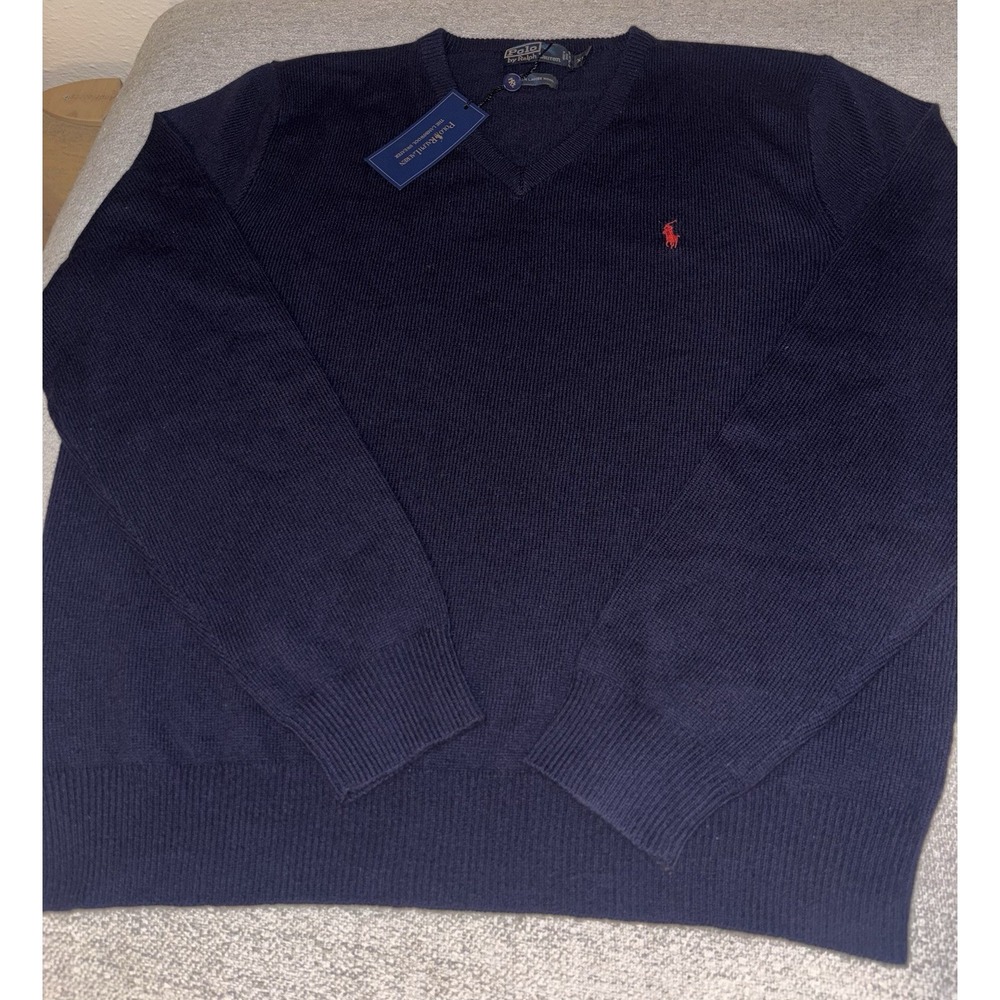 Polo Ralph Lauren Men's Sweater 100% Lambs Wool Navy V-Neck XXL Long Sleeve NWT - Picture 11 of 16